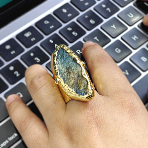 Trending jewelry natural raw <b>labradorite</b> gemstone statement <b>ring</b> solid brass 18k gold plated hammered texture band open <b>rings</b> - Product Image 5