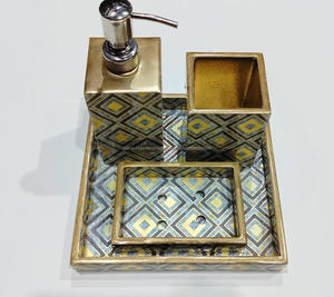 Unique Decor Star World Wooden MDF <b>Bath</b> Hex Decor Bathroom Accessory Set of 4 Liquid Soap Dispenser 2 <b>Tumblers</b> Soap Tray - Product Image 3