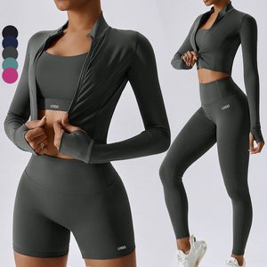 Women's Plus Size Garment Dyed Solid Lace Gym Fitness Full Sleeve Crop <b>Top</b> Yoga Set Belt Two Piece Sports Wear Stitch Detail - Product Image 1