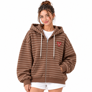 Manufacturer Designer Custom <b>Women</b> <b>Orange</b> Striped Zip Up <b>Hoodie</b> Embroidered Heart Drop Shoulder Sweatshirt - Product Image 6