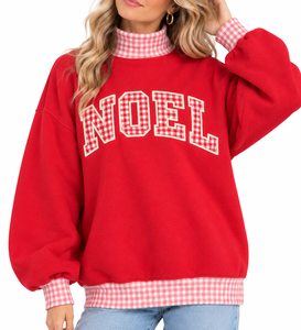 Wholesale OEM <b>Women's</b> <b>Christmas</b> Mock Neck <b>Sweatshirt</b> Red Cotton Fleece Oversized Drop Shoulder Red Gingham Trim Embroidered - Product Image 1