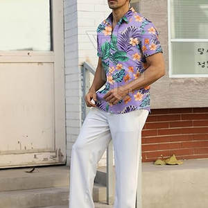 T-shirts hawaïens pour hommes, coupe ajustée, 100% coton, manches courtes, col montant, respirants - Vente en ligne à bas prix - Product Image 4