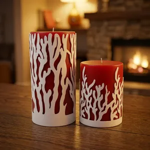 <b>Red</b> Cylinder Wax Votives <b>Candle</b> With White Coral Cutout Design For Home Decoration - Product Image 6