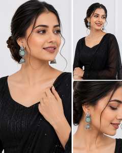 Grandes quantités de boucles d'oreilles pendantes Jhumka bohèmes en argent oxydé, serties de pierres, cadeau de mariage pour femmes, fournisseur en gros - Product Image 5