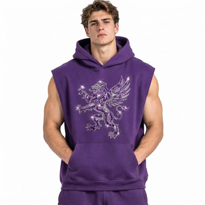 Rhinestone Printed Men <b>Sleeveless</b> <b>Hoodie</b> Front Pocket Pullover <b>Hoodie</b> Heavyweight Cotton Fleece Men Hooded Sweatshirt - Product Image 1