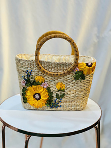 2025 Vintage Collection Handcrafted Natural Water Hyacinth Women's Handbag Stylish Open C Handles Eco-Friendly Cotton Lining - Product Image 1