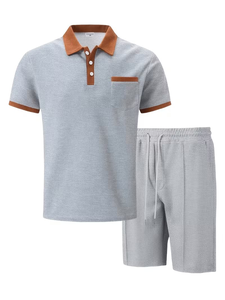Men's Gray Polo Shirt Set Solid Color Knitted Cotton Casual Summer Wear With Pocket And Drawstring Shorts - Product Image 2