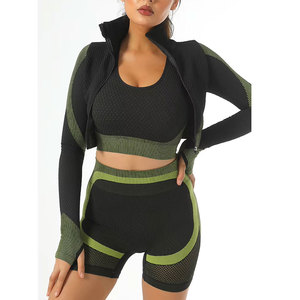 High Waist 2 Piece Yoga Set Seamless Eco-Friendly Black Green Contrast <b>Mesh</b> Crop <b>Top</b> Racerback Sleeveless Shorts Breathable - Product Image 1