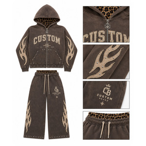 Men Distressed Flame Applique Hoodie Sweatpants 2 Piece Set Custom Studded Leopard Lined <b>Tracksuit</b> - Product Image 3