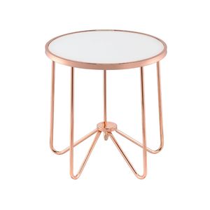 Tavolino da Caffè Rotondo con Piano in Vetro Smerigliato Bianco e Finitura Oro Rosa - Product Image 1