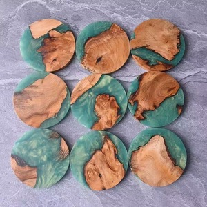 Handmade Natural Wood & Epoxy Resin <b>Coasters</b> Set of 4 Round <b>Teal</b> Green Drink <b>Coasters</b> Inlay Design 10cm Diameter REHMAN CRAFT - Product Image 2