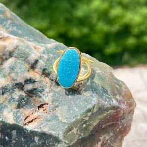 Premium handmade natural sugar druzy agate <b>ring</b> sky blue oval gemstone 18k gold plated brass <b>adjustable</b> jewelry gifts for women - Product Image 2