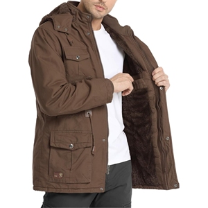 Mens Vintage 100% Cotton Winter <b>Jacket</b> Detachable Hood <b>Fleece</b> <b>Lining</b> Stand Collar Canvas Zipper Closure Custom OEM Service - Product Image 2