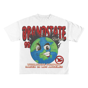 Créez votre marque avec nous : T-shirt blanc à manches courtes pour homme avec imprimé de la Terre en dessin animé, col rond, coupe classique, streetwear décontracté - Product Image 2