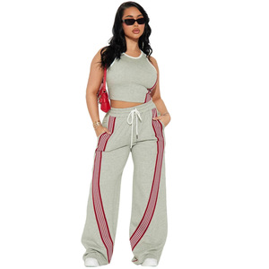Women Plus Size Tracksuit Sleeveless <b>Crop</b> <b>Top</b> And Wide Leg Sweatpants With <b>Red</b> Stripe Casual Two Piece Set Spring Gray - Product Image 1