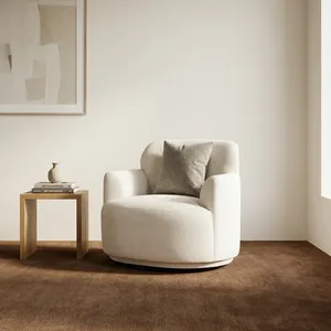 Fauteuil moderne en bouclette avec dossier rembourré, accoudoirs rembourrés, pieds en bois, pivotant, une place, canapé minimaliste pour salon - Product Image 3