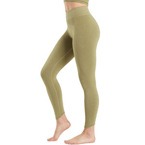 Olive Green Solid High Elastic Waist Full Length Ribbed Seamless Spandex/Nylon Yoga Pants Women Quick Dry Breathable Fitness - Product Image 4