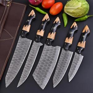 Nordic Forge Handmade Five-Piece Damascus Steel Chef Knife Set Ambidextrous Resin Olive Wood Handle Full Tang Knives with Bag - Product Image 1