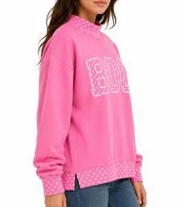 Custom Logo Women's Mock Neck Oversized Sweatshirt Polka Dot <b>Patchwork</b> Letter Applique Embroidery Winter Fleece Pullover <b>Top</b> - Product Image 3