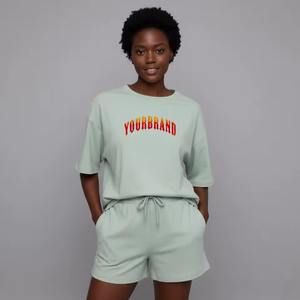 Conjunto de Camiseta y Pantalones Cortos de Verano para Mujer, Formal, de Manga Larga, Encaje Sólido, Tejido de Punto, 100% Algodón, Cuello Redondo, Cintura Elástica, Largo hasta la Rodilla - Product Image 5