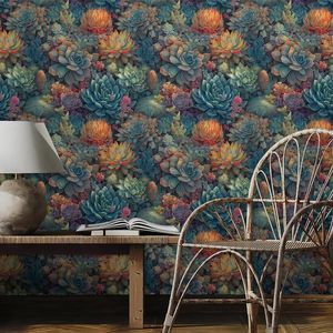 Papel Tapiz Autoadhesivo Vintage Colorido, Diseño de Plantas Suculentas y Flores en Verde/Rojo/Amarillo, Hoja Individual - Product Image 5