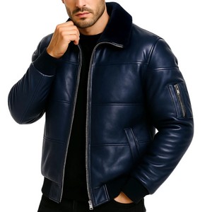 Blouson aviateur en cuir véritable écologique pour homme, col rabattable, logo sur le devant, imperméable, coupe-vent, style moto, fermeture éclair - Product Image 3