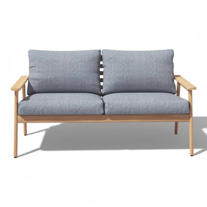 Canapé d'extérieur avec structure en teck et coussins en tissu gris, résistant aux intempéries, mobilier de jardin - Product Image 4