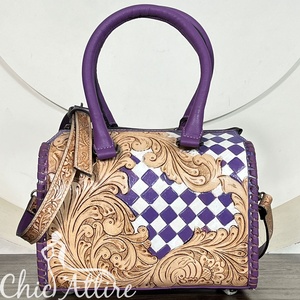High Quality Portable Large Capacity <b>Tooled</b> Floral Checkered Speedy Duffel Bags Cowgirl Style Handmade Crossbody Female Handbags - Product Image 1