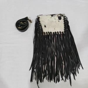 Bohemian Genuine <b>Leather</b> Shoulder Bag With Black Fringe And Animal Print Pattern Single Strap Zipper Closure - Product Image 2