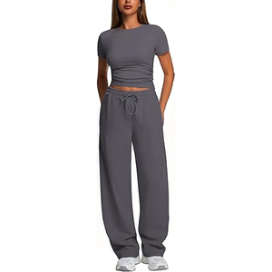 Womens Stylish 2-Piece Solid Short Sleeve Loungewear Set with <b>Lace</b>-Up Detail and Modal Fabric - Product Image 5