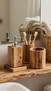 Natural Teak Wood Bathroom <b>Accessory</b> Set Wood Bathroom Set Four-Piece Soap Dish Dispenser Tumbler Round Natural Finish Decor - Product Image 3