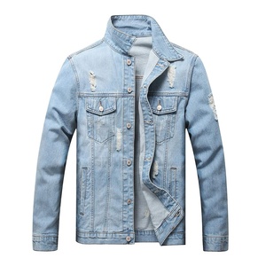 <b>Men's</b> Light Blue Distressed Denim <b>Jacket</b> Stand Collar Button Closure <b>Long</b> Sleeve Casual Ripped Jean <b>Jacket</b> Spring Autumn Wear - Product Image 1