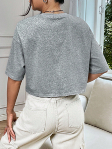Camiseta Corta Oversize de Algodón Grueso con Hombros Caídos para Mujer, Color Gris Jaspeado, Estilo Boxy - Product Image 2