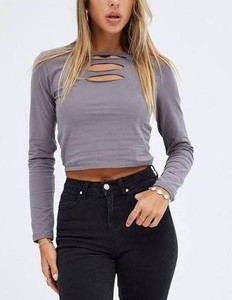 100% Cotton Cut-Out Detail women's shirt <b>Long</b> Sleeve Cropped Blouse OEM Custom Logo Front Hollow Design O-Neck <b>Top</b> High Quality - Product Image 4