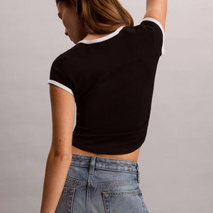 T-shirt court pour femme, col profond, pour entraînement en extérieur, course à pied, rembourré, écologique, fitness, coupe ajustée, crop top - Product Image 2