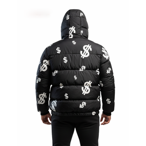 เสื้อแจ็คเก็ตพัฟเฟอร์มีฮู้ดลายดอลลาร์สีดำสำหรับผู้ชาย เสื้อโค้ทกันหนาวแฟชั่นสตรีทแวร์ เสื้อคลุมกันหนาวขายส่ง - Product Image 2