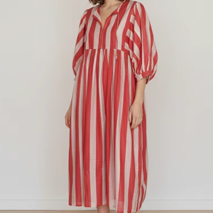 Vestido Midi de Algodón a Rayas para Mujer, Mangas Abullonadas, Corte Entallado, Colección Boutique Étnica de Verano, Ecológico, Lavable, con Botones - Product Image 1