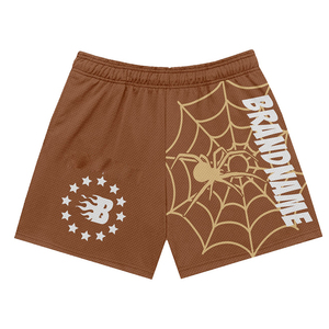 Women <b>Mesh</b> Shorts 160 GSM Breathable Polyester Fabric Brown Gold Spider Web Graphic Custom <b>Screen</b> Print Logo women's shorts - Product Image 1
