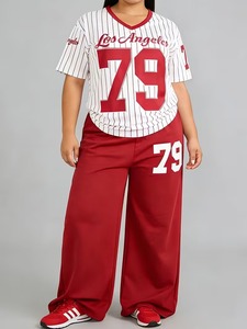 Plus Size - New Spring <b>Summer</b> Fashion Printed Short Sleeve V-Neck Striped Top And Straight Printed Long <b>Pants</b> - Product Image 3