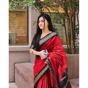 ATTRACTIVE COTTON <b>SILK</b> CONTRAST PALLU SAREE WITH UNSTITCHED BLOUSE <b>RED</b> - Product Image 1