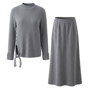 Custom OEM ODM Urban Sets Elegant Long Sleeve Tie-Side Top and Matching Midi <b>Skirt</b> Outfit - Product Image 3