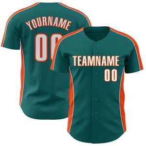 Camiseta de Béisbol Personalizada en Color Teal y Naranja con Nombre del Equipo y Número, Impresión Sublimada, Manga Corta, Cierre de Botones, Ropa para Hombre Adulto - Product Image 1