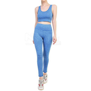 Women's Solid Yoga Set 2 Piece Knee Length Leggings <b>Crop</b> <b>Top</b> <b>Mesh</b> Panel Spandex Seamless Halter Custom Athletic Anti-Bacterial - Product Image 2