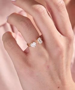 Open Band Heart Emerald Cut Moissanite 925 Sterling <b>Silver</b> Gold Plated <b>Adjustable</b> Luxury Engagement Wedding Anniversary <b>Ring</b> - Product Image 2