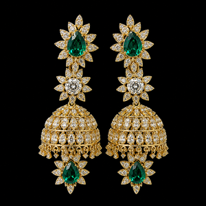 Pendientes Jhumka de Oro Amarillo de 14 Quilates con Esmeralda Verde, 6.10 Quilates, Claridad SI, Certificado IGI, Diamante Natural de Corte Brillante, Alta Calidad - Product Image 1