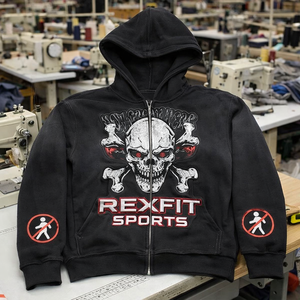 Sudadera con capucha y cremallera para hombre con logo personalizado, 100% algodón, forro polar, efecto desgastado por el sol, lavado ácido, estilo vintage, oversize, con serigrafía. - Product Image 2