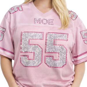 Camiseta de fútbol americano rosa con diamantes de imitación para mujer, estilo oversize, cuello en V, transpirable, OEM - Product Image 2