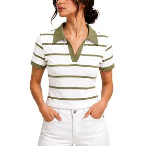 Polo rayé blanc et vert olive pour femme, manches courtes, col rabattu, coupe ajustée, haut décontracté d'été, vente en gros personnalisée - Product Image 1