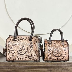 Ensemble de 2 sacs à main assortis en cuir véritable fait main, design floral vintage, fermeture éclair, sacs de voyage pour femmes, sacs bandoulière - Product Image 5