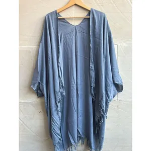 Chaqueta Kimono de Algodón de Color Liso para Mujer, Estilo Holgado y Largo, para Verano, Playa, Vacaciones y Resort - Product Image 2